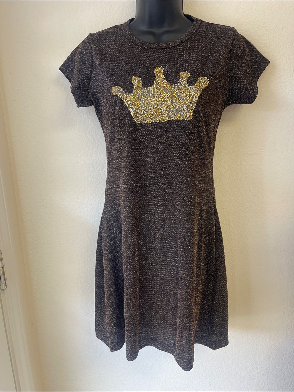 Girls' Black Glitter Crown Dress - Gold Sequin Detail